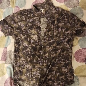 bp Short-Sleeve Button-Up Shirt in Olive and Gray Print